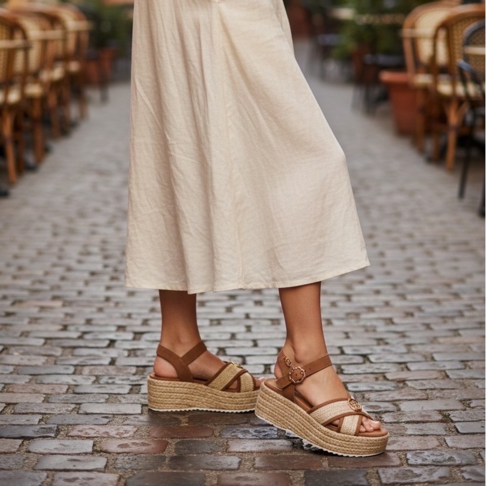 Sam & Libby‎ Espadrille Platform Wedge Sandals Tan Straw Buckle Ankle Strap
